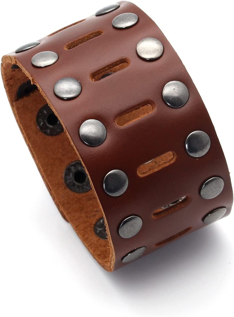 Fusamk Punk Rock Double Row Rivets Wristband Hollow Wide Leather Cuff Bracelet - Image 1